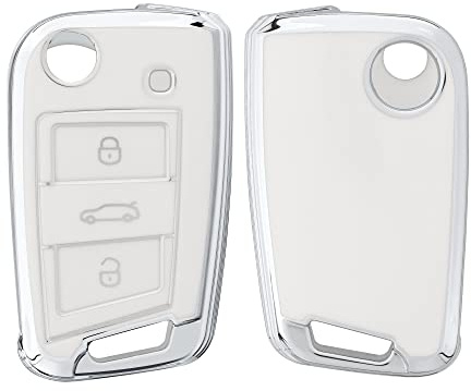 kwmobile Autoschlüssel Hülle kompatibel mit VW Golf 7 MK7 3-Tasten Autoschlüssel - Schlüsselhülle Silikon Cover - Weiß Silber