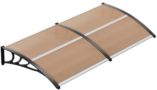 LIFERUN Auvent de Porte d'entrée 190x98.5cm Toit Marquise en Polycarbonate Porte Résistante Toit Abri Protection Contre La Pluie et UV Transparent,Support de Fixation en Aluminium,Marron