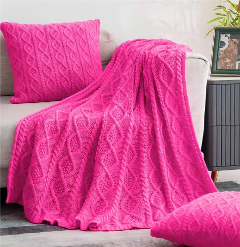 Homiest Überwurf mit Zopfmuster, 152,4 x 203,2 cm, Acryl-Strickdecke mit Diamantstruktur, weiche und gemütliche dekorative Decke für Couch, Bett, Sofa, Hot Pink