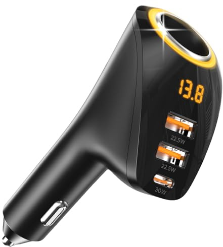 4 IN1 215W Cigarette Lighter Adapter, Car Charger,Type C Dual USB Cigarette Lighter Splitter with LED Voltage Display, Car USB Charger Multi Port for iPhone 17/16/15 Pro Max, Android, Samsung Galaxy.