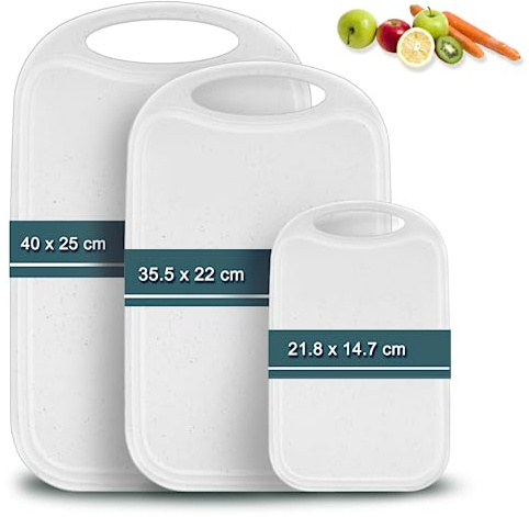 Schneidebrett Kunststoff, Hunnycook 3 tlg Schneidebrett Set mit Saftrillen und rutschfeste Griffe, Antibakteriell Schneidebretter/Frühstücksbrettchen kunststoff Weiße, BPA-frei, Spülmaschinenfest