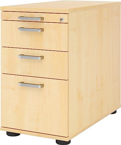 bümö Schreibtisch Schrank Büro mit Hängeregister für Hängeordner, Schubladenschrank Holz in Ahorn, Container mit Schubladen & Hängeregistratur - Schreibtisch Kommode mit Chromgriffe