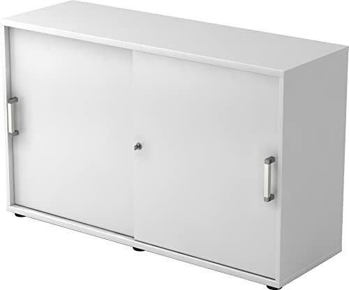 bümö Schiebetürenschrank 2OH - Aktenschrank abschließbar, Sideboard Schrank mit Schiebetüren in Weiss, Chromgriff - Büroschrank aus Holz mit Schiebetür, Büro Kommode für Ordner & Co.