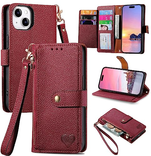 VEEMOS Zipper Wallet Case for Apple iPhone 14 Phone Case with Purse Card Holders RFID Blocking Leather Flip Case Book Cover Wrist Strap Women - Red