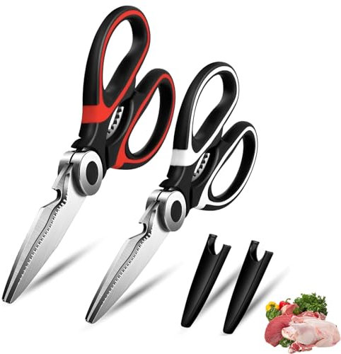 Eastrise Heavy-Duty Kitchen Scissors, Dishwasher-Safe Multi-Purpose Food Shears, Non-Slip Stainless Steel Sharp Cooking Scissors with Ergonomic Handle (2PC/Black&White)