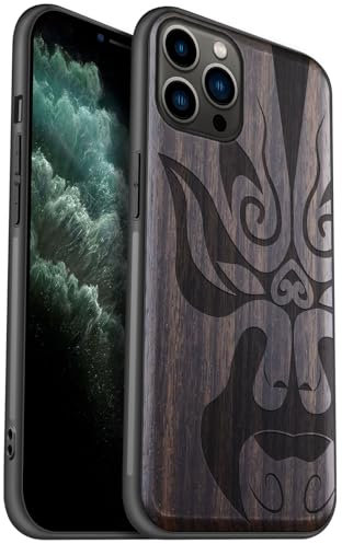 Carveit Coque en Bois pour iPhone 11 Pro Étui Protection Artistique Cover TPU Souple de téléphone Antichoc Compatible avec Apple 11 Pro Etui (Bois Sombre-Masque d'opéra Chinois)