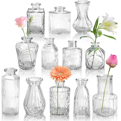 Der Rose 12 Pack Glass Bud Vases for Flowers Small Mini Vases in Bulk for Table Decoration Wedding Centrepiece Living Room Vintage Home Decor (Clear)
