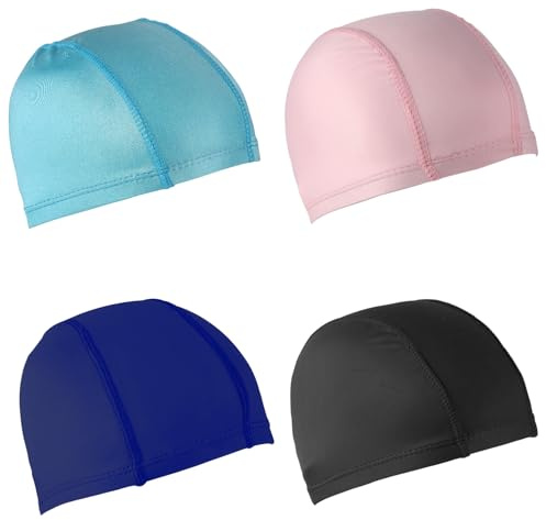 4uds Gorros de Natación Elásticos para Mujeres Hombres Niños, Unisex Gorros de Baño Antideslizantes Gorros de Natación Gorro de Piscina para Niños Niñas (Negro, Azul Oscuro, Rosa, Azul)