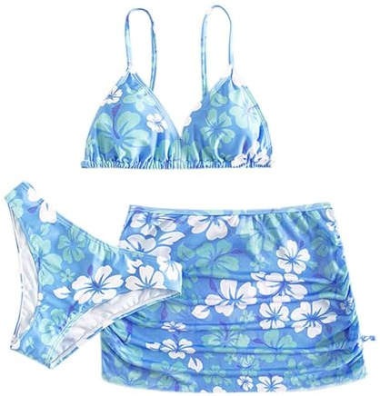 PythJooh Girls' 3 Piece Swimsuit Set Floral Prints Bikini Swimwear with Drawstring Beach Cover-Up Skirt Bathing Suit for 8-13Years Blue
