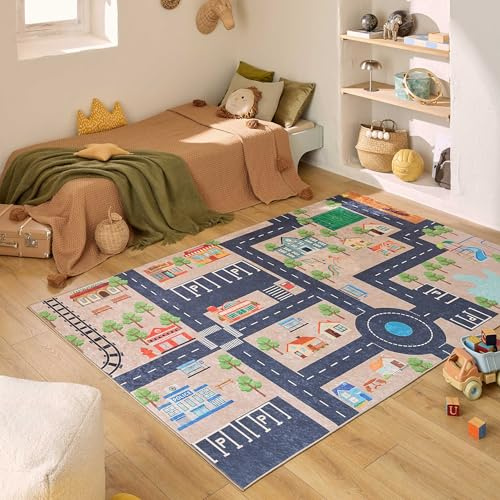 Nazar Kinderteppich für Kinderzimmer, Babyteppich, für Mädchen und Jungen, Motiv Dinosaurier, Weltkarte und Tiere (738 beige, 120x160 cm)