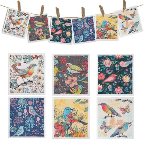 Ptwola 6 Pack Swedish Dishcloths for Kitchen Reusable Soft Washcloths Absorbent Washable Fiber Cleaning Sponge Cloths Birds Flowers Non-Scratch Dish Towels for Home Counters Tea Set Table Bar