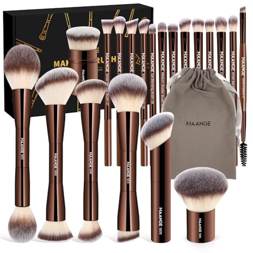 MAANGE 20 st set med foundation makeupborstar, kabuki-konturborste med dubbla ändar för flytande pulver concealer, blandning, rouge, ansikte, sminkverktyg (kaffe)