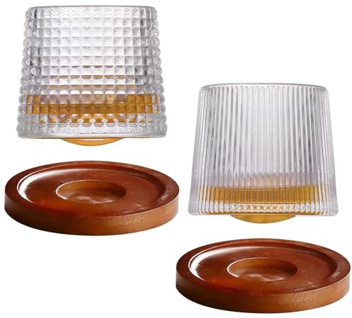 Asfrode 2 vasos giratorios de whisky, 200 ml, vasos de cóctel giratorios con posavasos de bambú, vasos de agua, tazas de café para degustación de cócteles escoceses de bourbon para regalo