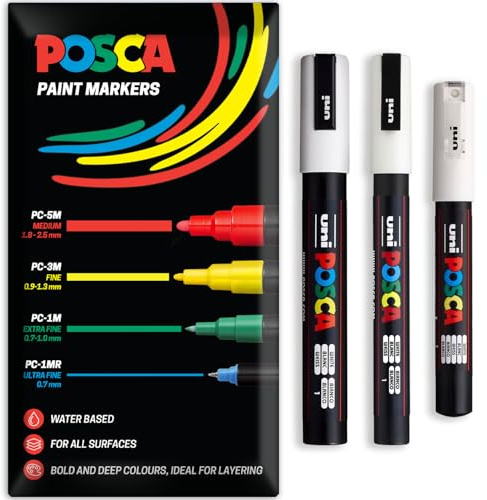 Posca Water Based Acrylic Paint Marker Pens | Multi Surface Use Permanent Paint Pen | Pack of 3 Pens in Envelope Gift Packaging | Glass Fabric Canvas Wood etc | PC-1M, PC-3M, PC-5M, White