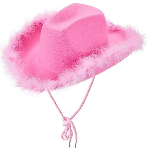 Pinker Cowboyhut Damen Cowboy Hut Rosa mit Flauschiger Federborte Cowboy Hut Pink Mütze Breite Krempe Cowgirl Hut Federn Western-Style Kopfbedeckung für Faschingskostüm Party Halloween Karneval (A)