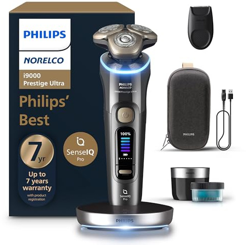 Philips Norelco Shaver i9000 Prestige Ultra, Wet & Dry Electric Shaver, Dark Slate, SenseIQ Pro Technology, Triple Lift & Cut System, 360 Rotating NanoTech Precision Blades, Quick Clean Pod, XP9402/86