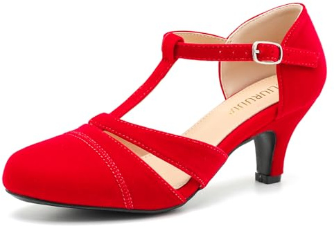 LIURUIJIA Women's T-Strap Mary Jane Pumps - Vintage Low Kitten Heels for Dance, Retro Party, or Cosplay Red Velvet 9.5