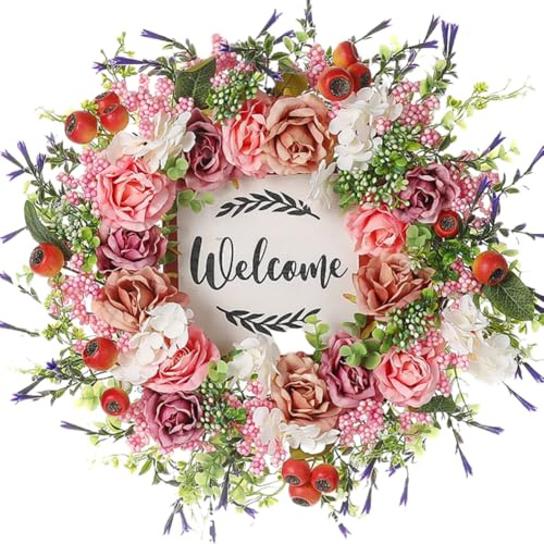 Spring Wreath for Front Door, 45CM Artificial Berries and Colorful Flower Wreaths with Welcome Sign, Summer Greenery Wreath for Front Door Wall Window Festival Decor (Pink)
