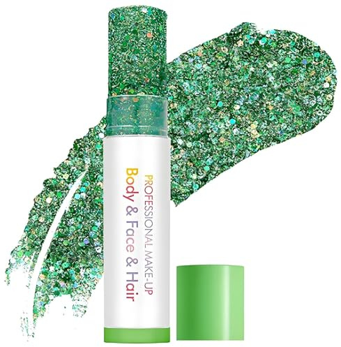 Professional Green Glitter Makeup Stick for Face, & Hair - Chunky Holographic Shimmer with Multicolour Sparkling Particles for Festival Party Rave Cosplay and Carnival Events, Long Lasting No Mess