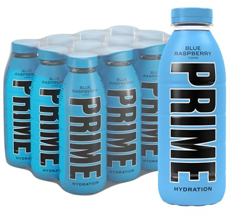 PRIME Hydration Blue Raspberry, Bebidas deportivas, Electrolitos mejorados para reponer líquidos, 250 mg de BCAA, vitaminas B, antioxidantes, bajo contenido en azúcar, 16,9 fl oz, paquete de 12