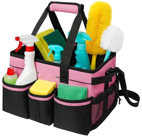 Cleaning Bag,Cleaning Caddy,With handle and crossbody shoulder strap,Pink | It features removable Velcro compartments, making it ideal for storing cleaning tools, gardening tools, and hardware tools