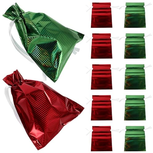 MALUGOGO 12 x Folienbeutel mit Kordelzug und sicherem Verschluss, holografische Geschenkbeutel für Feiertage, Partys, vielseitige Geschenktüten für Süßigkeiten und kleine Süßigkeiten