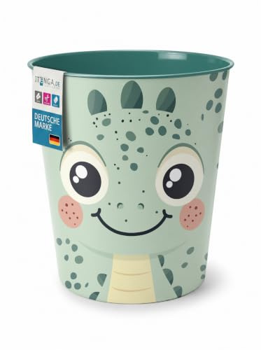 itenga Papierkorb für Kinder mit Tier Motiv - Kawaii Design - rund ca. 11 Liter - Mülleimer fürs Kinderzimmer - stabiler Kunststoff (Dino)