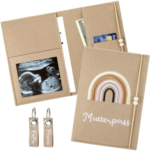 Funda para pasaporte de maternidad de fieltro con compartimentos, imagen ultrasónica, carnet de vacunación y cadena de asegurado, perfecto para embarazadas y futuras madres, regalo dulce (beige)