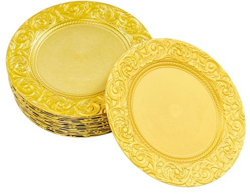 KiwiHood Lot de 24 grandes assiettes de 33 cm de diamètre, réutilisables, avec bords décorés, pour fêtes, buffets, Noël, mariages, restauration, barbecues et restaurants (doré)