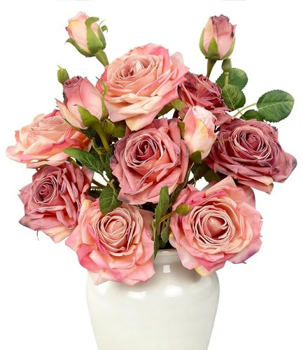 ROLLWAY 4 Bündel Kunstblumen wie Echt 12 Künstliche Rosen Blumenstrauß 54cm | Kunstrosen Seidenblumen Kunstblumenstrauß , Fake Rosen Blumen Rosa Blumen Künstlich für Vase Hochzeit Heim Küche Tischdeko