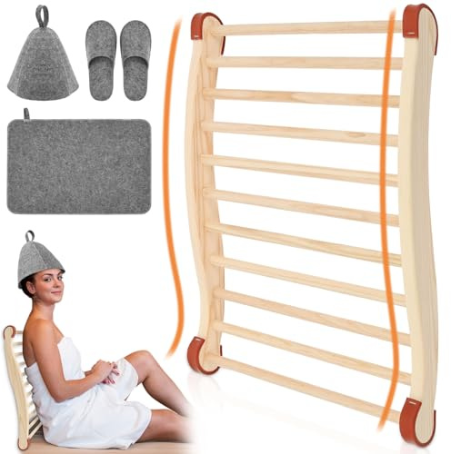Wooden Sauna Backrest Accessory Slip-Resistant and Ergonomic Sauna Backrest Saunas Chair with Felt Hat Seat Pad and Slipper for Saunas Recovery and Relaxation