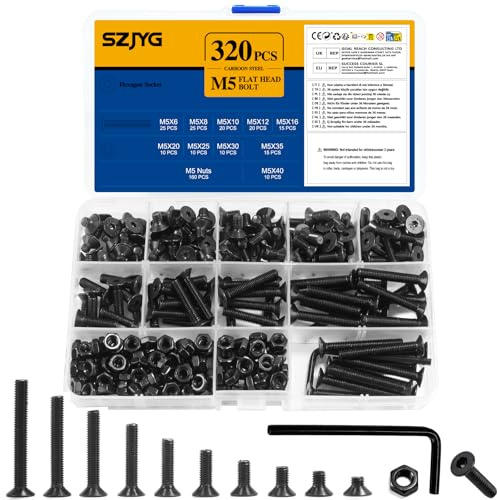 320 Pcs M5 Screws Set, Black Countersunk Bolts and Nuts Set, Machine Screws Assorted Nuts and Bolts, Flat Head Hex Socket Head Screw Assortment Kit