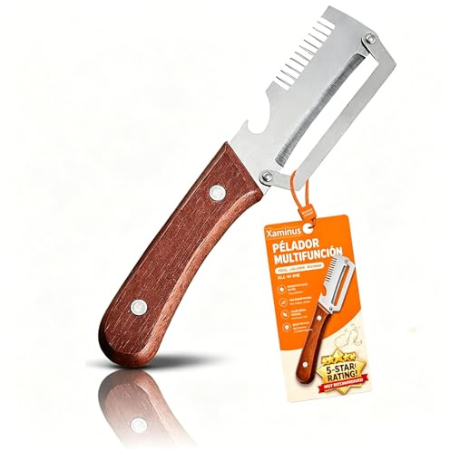 Pelador de verduras multifunción 5 en 1 para cocina con hoja de acero inoxidable ultraafilada y mango de madera ergonómico: pelar patatas, zanahorias y abrir botellas de vino sin esfuerzo (1PCS)