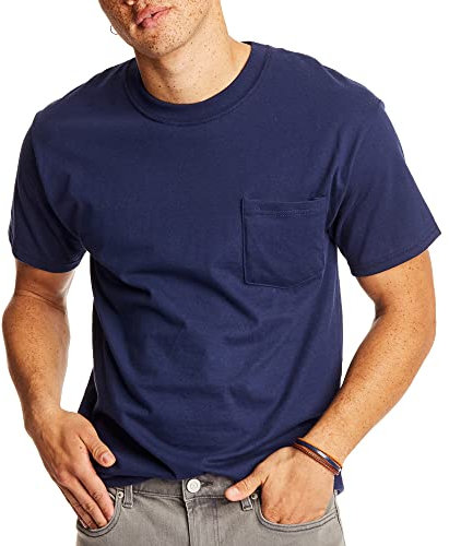 Hanes Mens Short Sleeve Beefy-t with Pocket Short Sleeve T-Shirt - Blue -