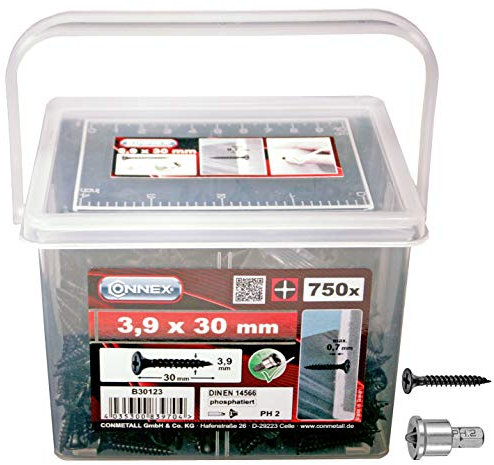 Connex Schnellbauschrauben 3,9 x 30 mm - 750 Stück - Mit Feingewinde - Trompetenkopf - PH Phillips-Antrieb - Schwarz phosphatiert - Inkl. Tiefenstopp / Trockenbauschrauben / Schrauben-Eimer / B30123