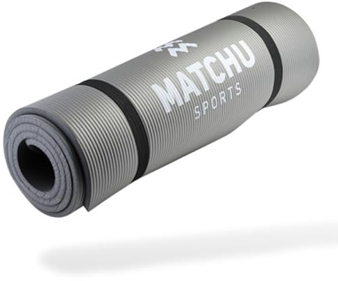 MATCHU – Fitnessmatte – Yogamatte – Sportmatte – Inklusive Tragegurt – Rutschfest – Grau – 180 x 60 x 1 cm – Aus strapazierfähigem NBR (Grau)