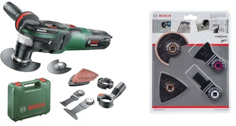 Bosch Multifunktionswerkzeug PMF 350 CES (350 Watt, für Starlock und Starlock Plus Zubehör, im Koffer) + Fliesen-Set 4tlg. (Mörtel und Fliesenkleber, Zubehör für Multifunktionswerkzeuge Starlock)