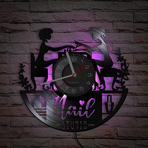 Smotly Orologio da parete in vinile, orologio da parete da record con idee per nail art di bellezza con funzione di luce notturna a LED a 7 colori Orologio da parete silenzioso. (con luce)