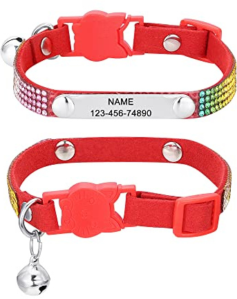 Mogokoyo Katzenhalsband mit Namen und Telefonnummer Personalisiert Strass Katzenhalsband mit Sicherheitsverschluss Glöckchen Verstellbar Halsband für Katze Kitten (XS, Rot)