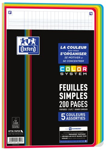 OXFORD Feuilles Simples COLOR SYSTEM A4 Perforées 200 pages Grands Carreaux Seyès 5 Couleurs de Cadres Assorties sous Film, Noir