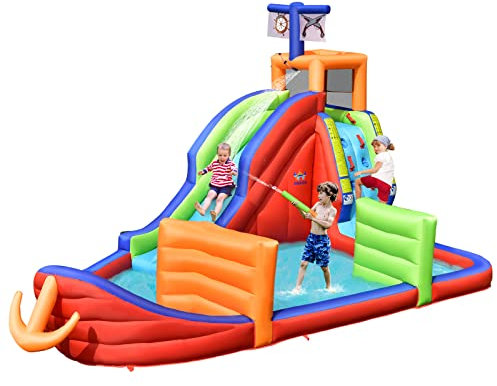 COSTWAY 6-in-1 Hüpfburg mit Wasserrutsche, Kletterwand, Dartspiel, Spielpool, Ringwurf & Wasserpistolen, Outdoor Hüpfschloss für Kinder, 460 x 310 x 290 cm