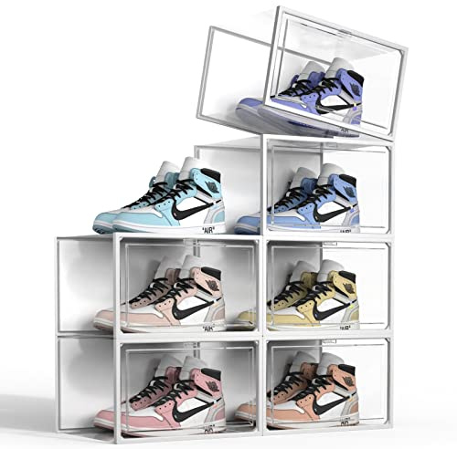 SEE SPRING 6 Pack Shoe Storage Box, Clear Plastic Stackable Shoe Organizer for Closet, X-Large Shoe Containers Bins Holders for Display Sneaker Fit up to Size 14 (Clear)