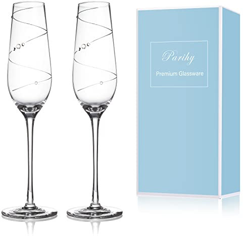 Set di 2 flute da champagne con cristalli per sposi e sposi, flute da tostatura in cristallo, design avvolgente tagliato a mano, impreziosito con cristalli, per feste di anniversario, compleanno,