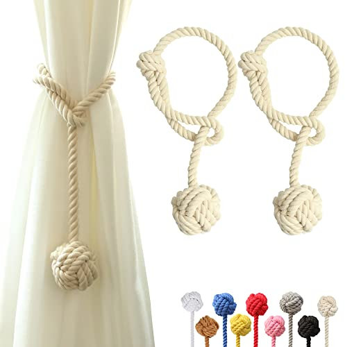 OCIOLI 2 Stück Vorhang Raffhalter Vorhanghalter Vorhangbänder mit großem gewebtem Ball Baumwolle handgewebte Vorhangseil Raffhalter dekorative Raffhalter für Vorhänge (2, Beige)