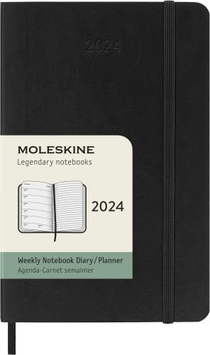 Moleskine Wochenplaner mit Platz für Notizen 12 Monate 2024, Planer 2024, Pocket Format 9x14, weicher Einband und elastischer Verschluss, Farbe Schwarz