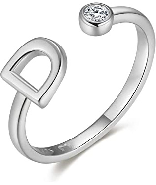 Anillo abierto de mujer en plata de ley con tu letra inicial y una circonita blanca. Anillo plata mujer con acabado plateado o dorado. Joyería ideal para parejas, regalo para madres, amigas.