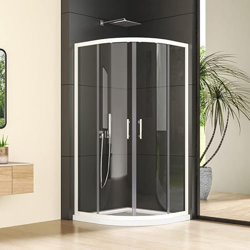 Eckeinstieg Rund Duschkabine 90x90x185cm Weiß Runddusche Doppel Schiebetür, Viertelkreis Halbkreis Schiebetüren Duschabtrennung 6mm ESG Glas, Radius 55 cm Duschistür