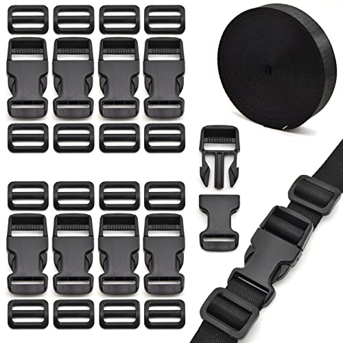 Eviznbou 10 Yards Gurtband 25mm Nylon Gurtband mit 10 Paar Kunststoff Schnallen, 20 Tri-Glide-Schieber für Rucksack Gepäckgurten Tasche Hundehalsband Rucksackersatz