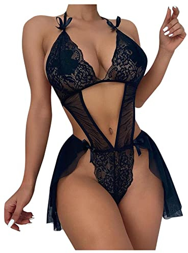 ROSVAJFY Babydoll Lingerie Halter Sexy Dentelle pour Femme, Teddy sous-Vêtement Une Pièce Coquine Hot, Nuisette Chemise de Nuit Transparent Maille Col en V Patchwork Noir S-XL (XL)