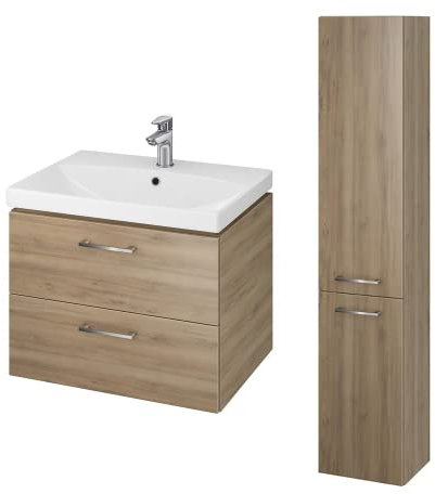 BAD LAND Badmöbel Komplett-Set Lara City 60 Nussbaum Waschbecken-Unterschrank 60cm mit Hochschrank 150cm, Keramikwaschbecken, Badezimmermöbel 2-Schubladen, Hochhängeschrank mit 2-Türen